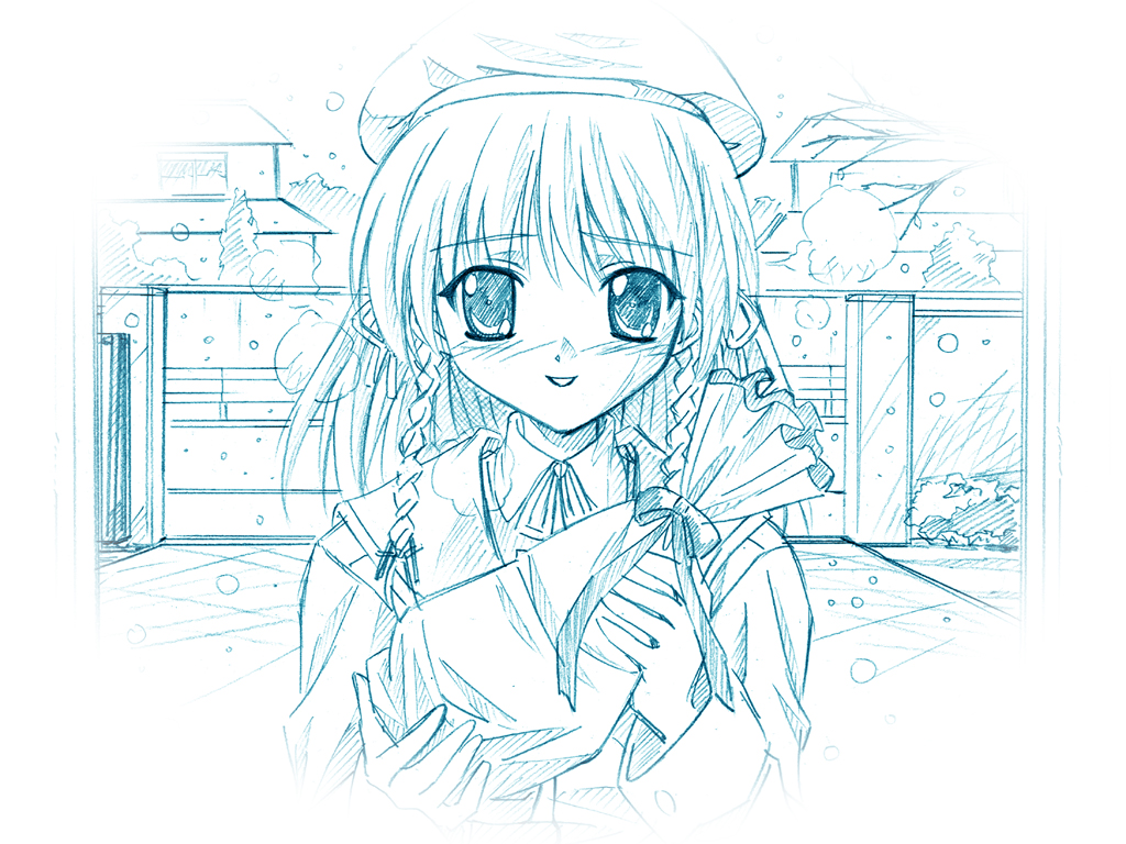1girl, 2000s_(style), aizawa_takashi, aqua_outline, archived_source, bag, bare_tree, beret