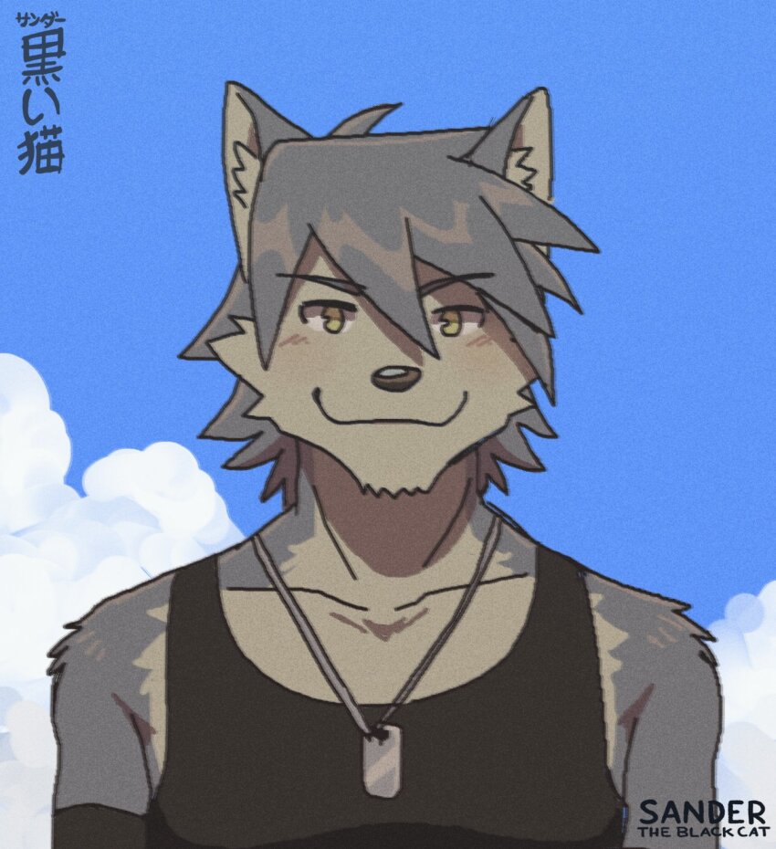 1boy, animal_ears, armband, artist_name, black_tank_top, blush, cloud, collarbone