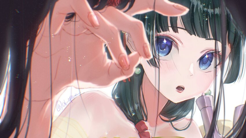 1girl, :o, artist_name, bare_shoulders, black_hair, blue_eyes, blunt_bangs, blush