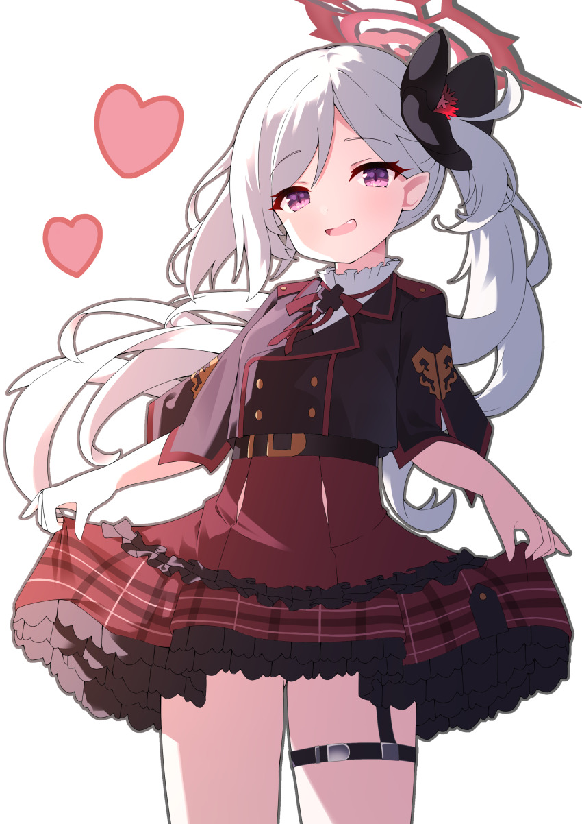 1girl, :p, absurdres, blue_archive, flower, grey_hair, hair_flower, hair_ornament, halo, heart, highres, jacket, kuroneko8532, long_hair, mutsuki_(blue_archive), original, parted_bangs, plaid_clothes, plaid_skirt, red_eyes, side_ponytail, simple_background, skirt, smile, thighs, tongue, tongue_out, white_background, white_hair