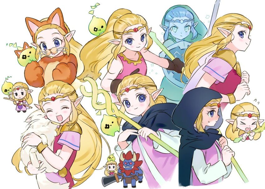 1girl, animal, animal_costume, animal_ear_hairband, animal_ears, armor, bare_shoulders, black_cloak, blonde_hair, blue_eyes, bracer, branch, bright_pupils, brown_gloves, cat, cat_costume, cat_ear_hairband, cat_ears, cloak, closed_eyes, closed_mouth, commentary_request, dress, fake_animal_ears, gloves, hairband, holding, holding_animal, holding_cat, holding_shield, holding_staff, holding_sword, holding_weapon, hylian_shield, light_blush, long_hair, long_sleeves, looking_at_viewer, lynel, multiple_views, nintendo, official_alternate_costume, official_alternate_hairstyle, open_mouth, opleillle, pauldrons, pink_dress, pink_shirt, pointy_ears, ponytail, princess, princess_zelda, princess_zelda_(swordfighter), purple_dress, shield, shirt, short_sleeves, shoulder_armor, simple_background, sleeveless, sleeveless_shirt, smile, staff, sword, the_legend_of_zelda, the_legend_of_zelda:_echoes_of_wisdom, tiara, tri_(zelda), tri_rod, two-tone_dress, weapon, white_background, white_cat, white_dress, white_pupils