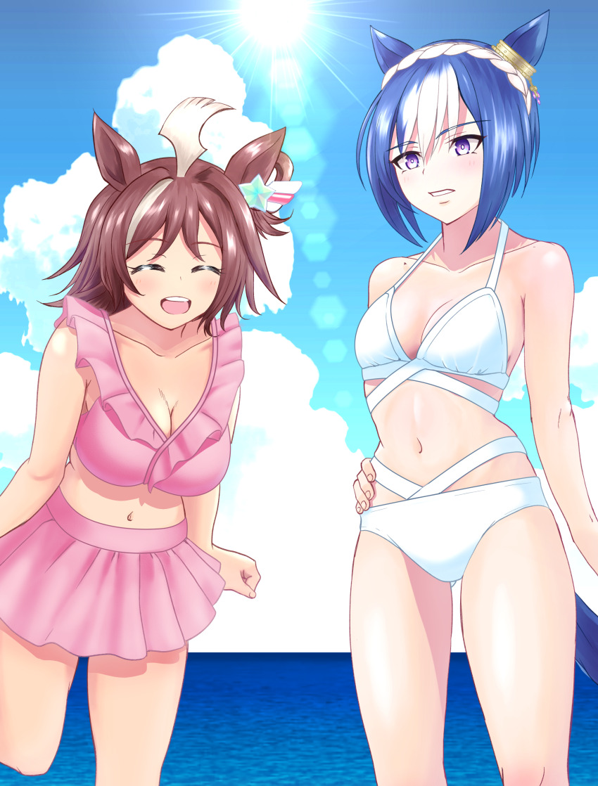2girls, absurdres, ahoge, alternate_costume, animal_ears, bikini, breasts, cesario_(umamusume)