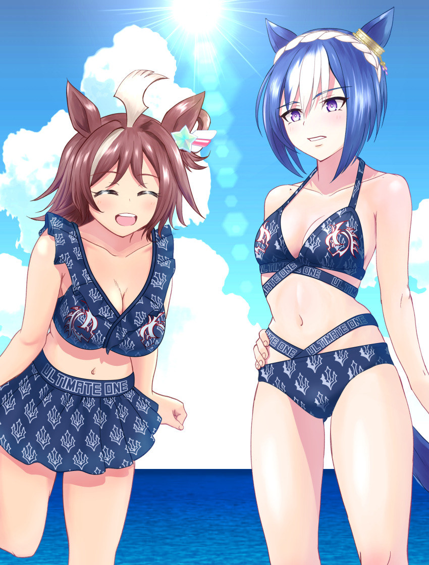 2girls, absurdres, ahoge, alternate_costume, animal_ears, bikini, breasts, cesario_(umamusume)