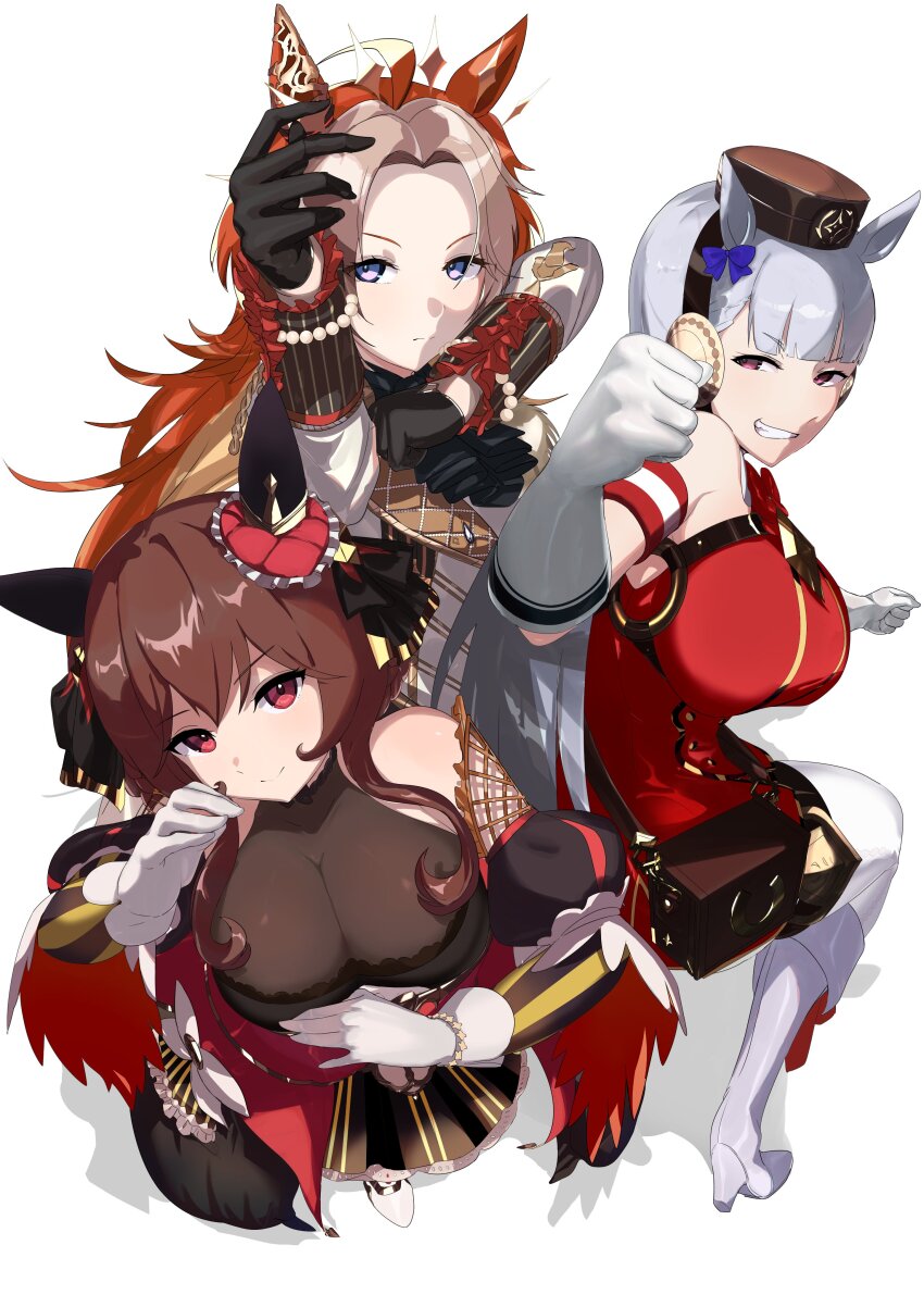 3girls, absurdres, animal_ears, arm_up, bare_shoulders, black_gloves, blunt_bangs, boots