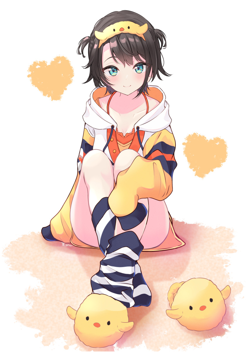 1girl, absurdres, animal_slippers, aqua_eyes, black_hair, black_socks, blush, closed_mouth