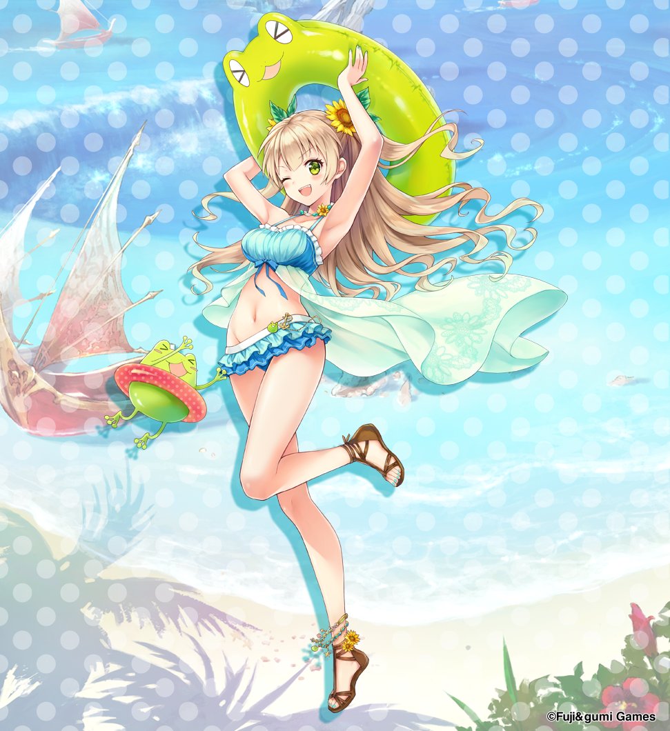 1girl, ;d, aqua_bikini, aqua_nails, arms_up, bikini, blonde_hair, collarbone, crossed_bangs, flower, frog, full_body, green_eyes, hair_flower, hair_ornament, holding, holding_swim_ring, innertube, ithuriel, jewelry, long_hair, looking_at_viewer, mai.e, nail_polish, necklace, no_socks, official_alternate_costume, official_art, one_eye_closed, open_mouth, phantom_of_the_kill, sandals, second-party_source, smile, solo, standing, standing_on_one_leg, sunflower, swim_ring, swimsuit, teeth, two_side_up, upper_teeth_only