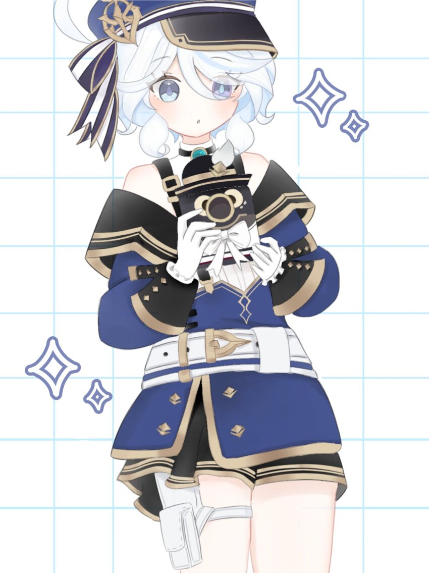 1girl, bare_shoulders, belt, blue_eyes, blue_hat, blue_skirt, camera, charlotte_(genshin_impact)