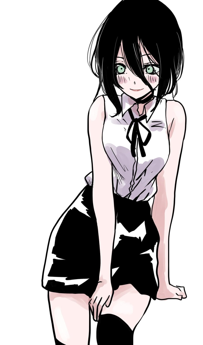 1girl, black_hair, black_skirt, black_thighhighs, blush, bob_cut, breasts, chainsaw_man