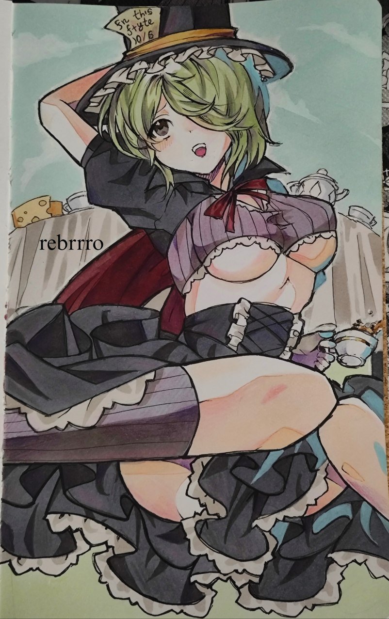 1girl, arm_up, black_hat, black_skirt, black_souls, black_souls_2, breasts, cheese