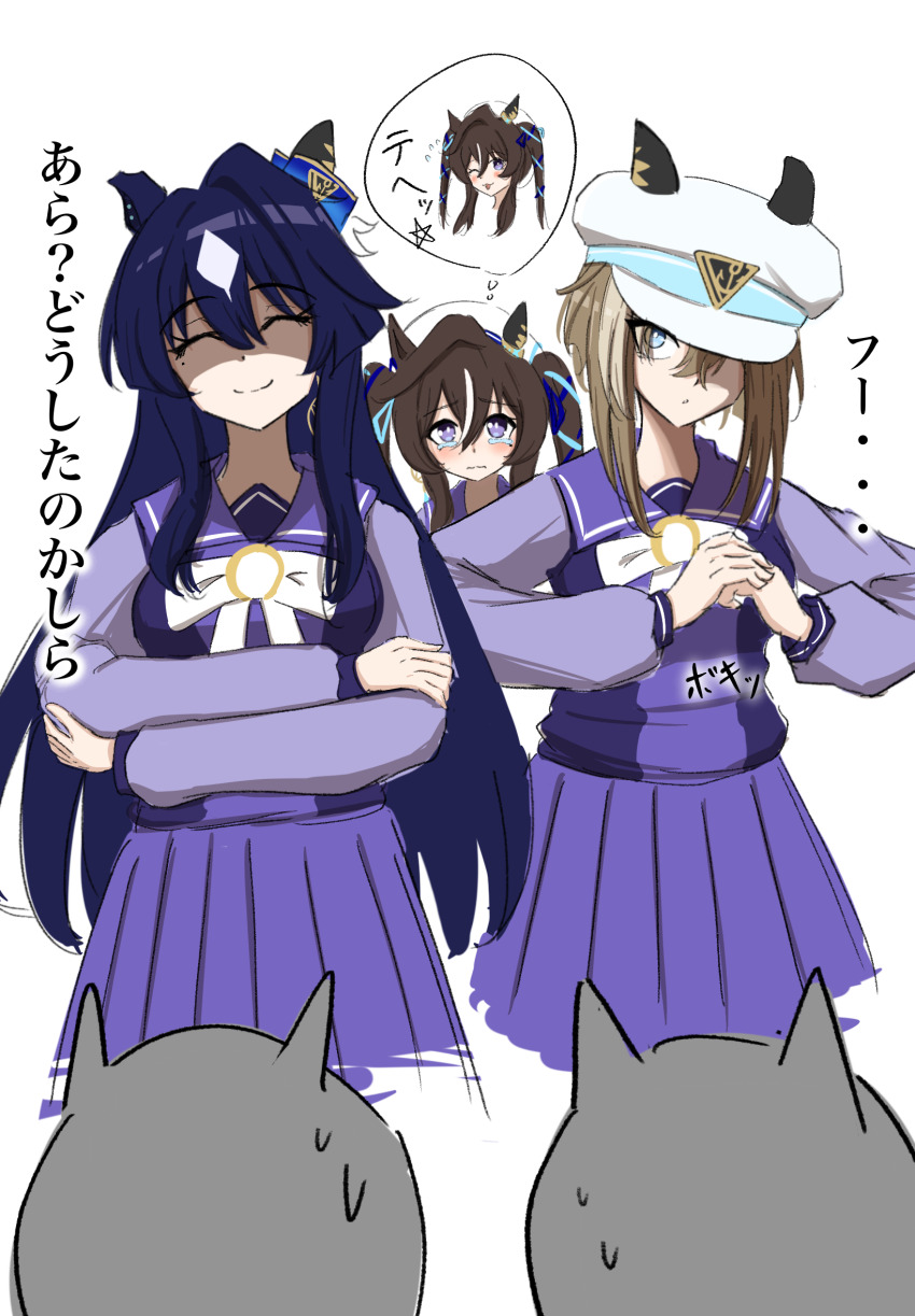 3girls, animal_ears, blue_eyes, blue_hair, bow, bowtie, brown_hair, cheval_grand_(umamusume)
