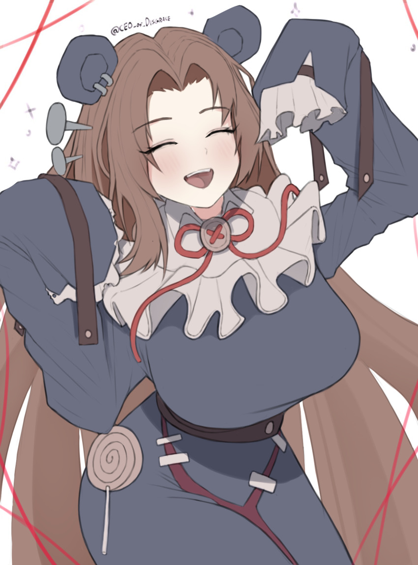 1girl, :d, animal_ears, bear_ears, black_dress, blush, breasts, brown_hair