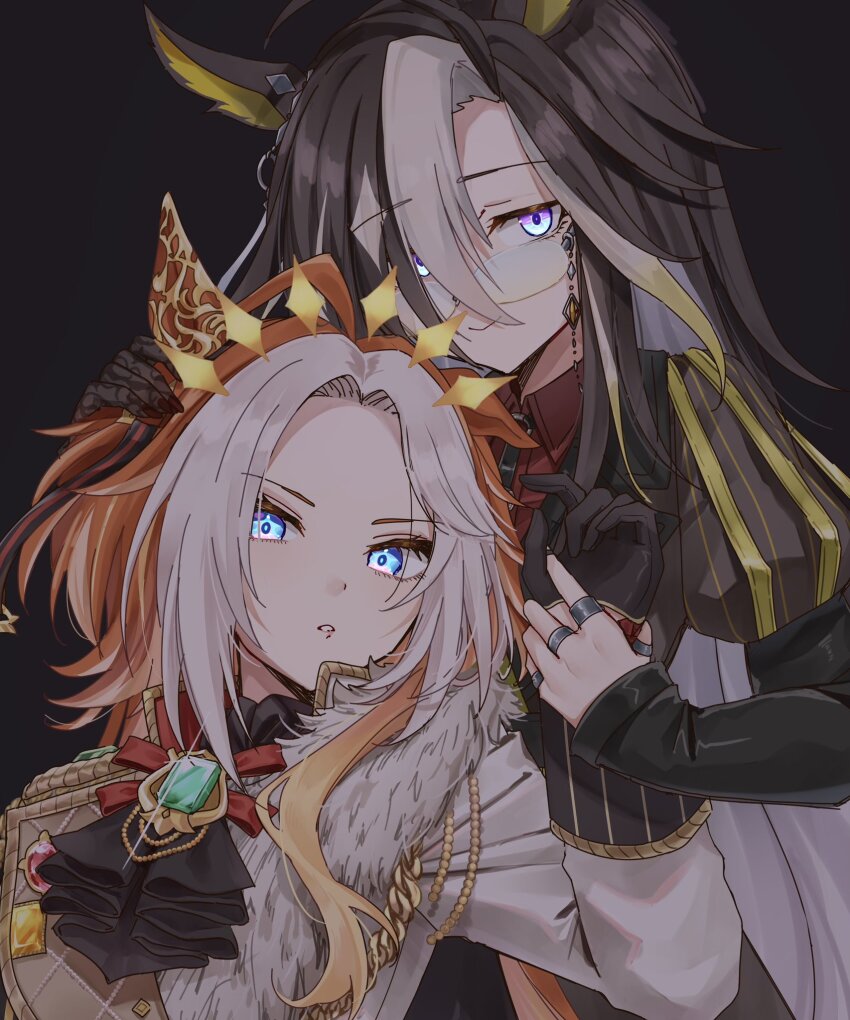 2girls, ahoge, animal_ears, ascot, ayaton_0290, black_ascot, black_background, black_hair, blonde_hair, blue_eyes, collared_shirt, dream_journey_(umamusume), ear_covers, eyewear_strap, gradient_hair, hair_intakes, hair_over_one_eye, highres, horse_ears, horse_girl, jewelry, lace, lace_sleeves, long_hair, looking_at_viewer, multicolored_hair, multiple_girls, multiple_rings, orange_hair, orfevre_(umamusume), puffy_sleeves, red_shirt, ring, shirt, siblings, simple_background, single_ear_cover, sisters, two-tone_hair, umamusume, upper_body, white_hair