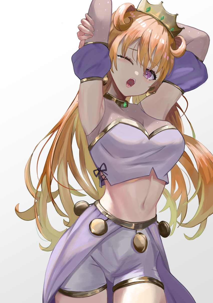 1girl, ;o, armpits, arms_up, blush, breasts, brown_hair, butterfly_(love_live!)