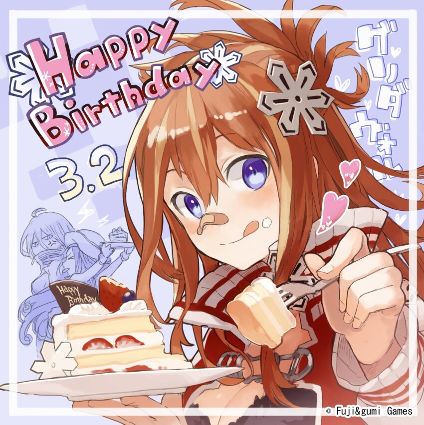 3girls, ahoge, bandaid, bandaid_on_face, bandaid_on_nose, birthday_cake, blue_eyes, brown_hair