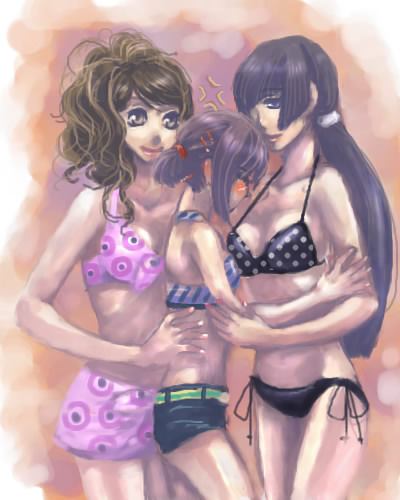 00s, 3girls, anger_vein, belt, bikini, blush, busou_renkin, cowboy_shot