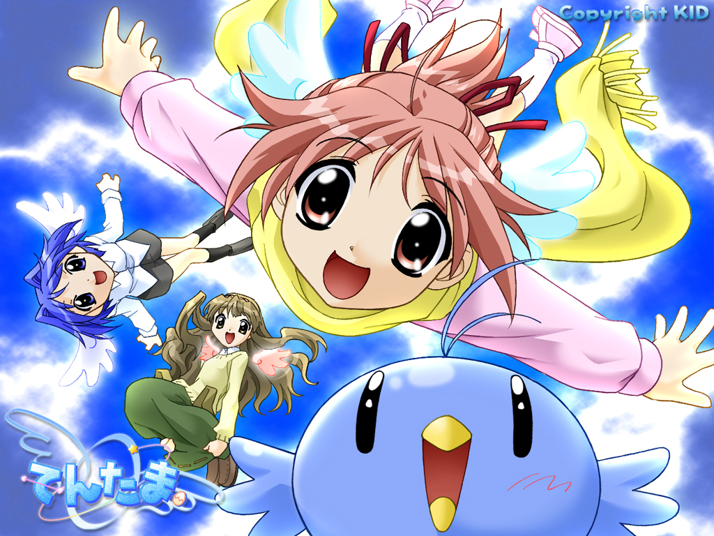1boy, 2000s_(style), 3girls, antenna_hair, aoi_(bird)_(tentama), aoi_(tentama), aqua_bird, aqua_wings