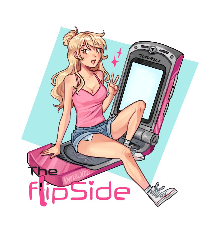 1girl, absurdres, blonde_hair, cellphone, class_of_09, class_of_09:_the_flip_side, copyright_name, flip_phone