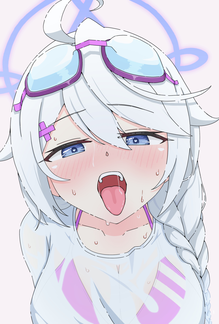 1girl, absurdres, ahoge, akayore, bikini, blue_archive, blue_eyes, blush, braid, breasts, eyeliner, eyewear_on_head, goggles, goggles_on_head, hair_ornament, hairclip, halo, heart, heart-shaped_pupils, highres, kirino_(blue_archive), kirino_(swimsuit)_(blue_archive), large_breasts, long_hair, makeup, nose_blush, official_alternate_costume, open_mouth, pink_background, purple_bikini, purple_halo, saliva, see-through_clothes, see-through_shirt, shirt, simple_background, single_braid, solo, sweat, swept_bangs, swim_goggles, swimsuit, symbol-shaped_pupils, teeth, tongue, tongue_out, upper_body, upper_teeth_only, wet, wet_clothes, wet_shirt, white_hair