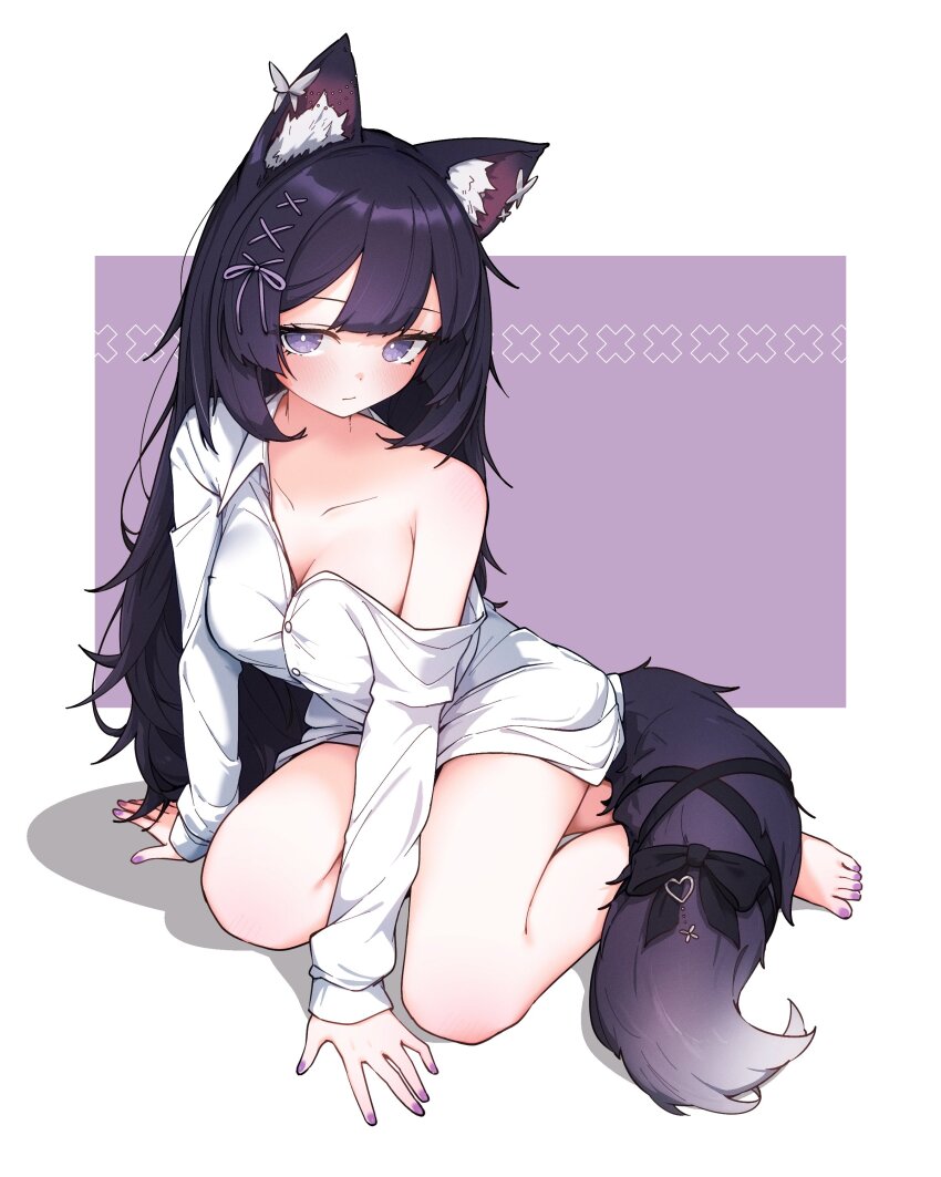 1girl, absurdres, animal_ear_fluff, animal_ears, barefoot, black_hair, breasts, cat_ears