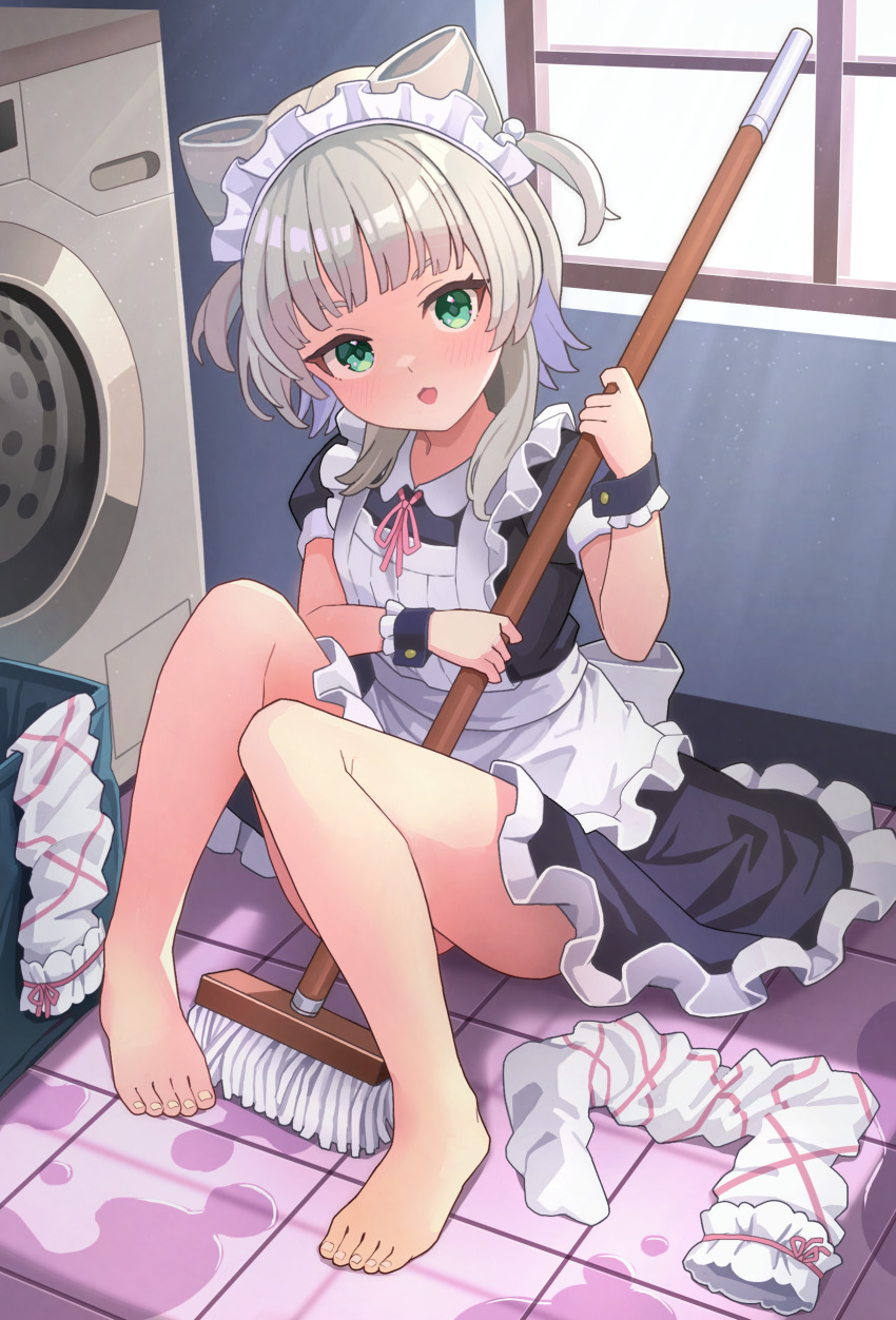 1girl, absurdres, apron, barefoot, black_dress, blush, commentary_request, double_bun