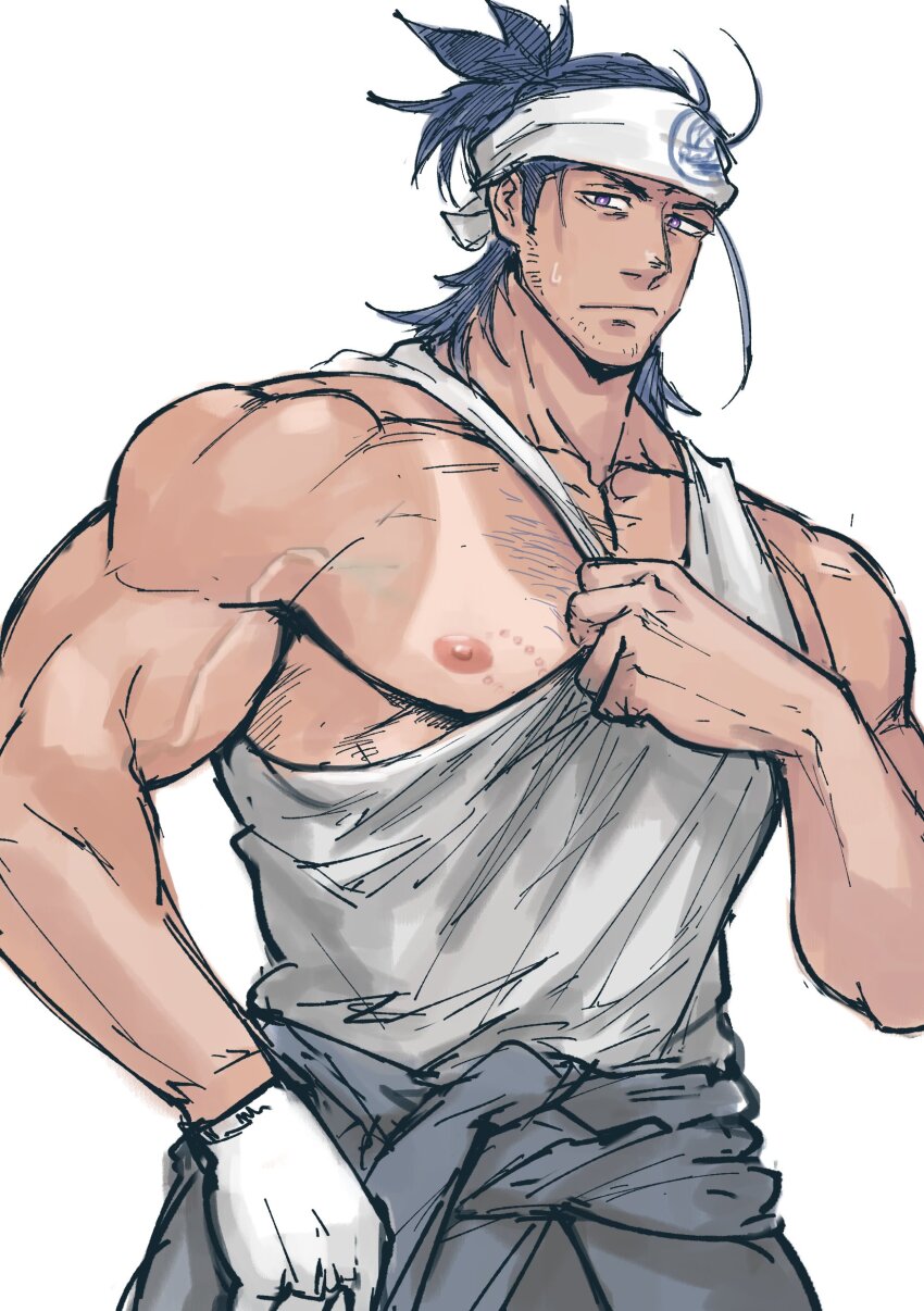 1boy, absurdres, bara, beard_stubble, bite_mark, bite_mark_on_pecs, blue_hair, clothes_around_waist, facial_hair, gloves, highres, large_pectorals, male_focus, meiji_(meiji_nsfw), muscular, muscular_male, nihongou_(touken_ranbu), nipples, pectorals, ponytail, purple_eyes, short_ponytail, simple_background, single_glove, solo, stubble, tan, tank_top, tanline, touken_ranbu, veins, veiny_arms, white_background