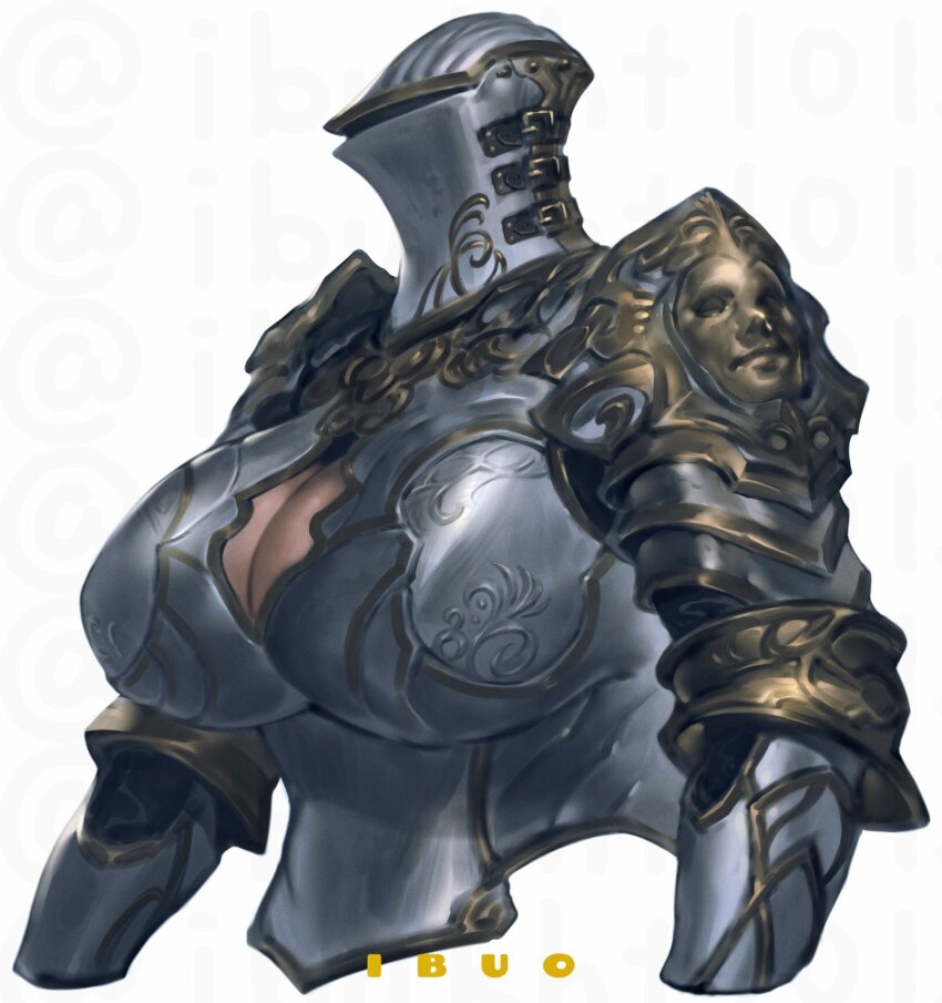 1girl, armor, belt, breasts, chest_armor, cleavage_cutout, clothing_cutout, frog-mouth_helm, full_armor, highres, ibuo_(ibukht1015), large_breasts, original, pauldrons, plate_armor, shoulder_armor, white_background