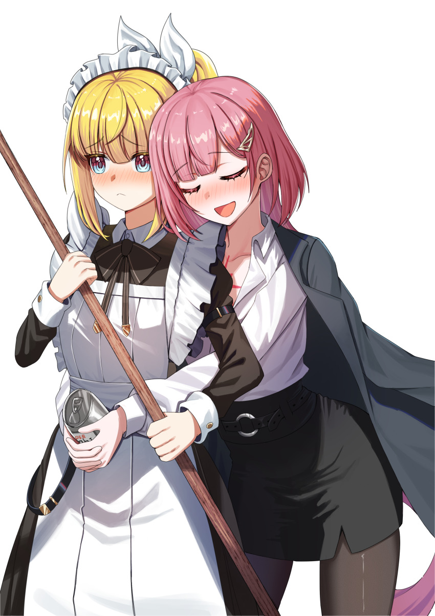 2girls, absurdres, alternate_costume, beer_can, belt, black_belt, black_bow, black_skirt