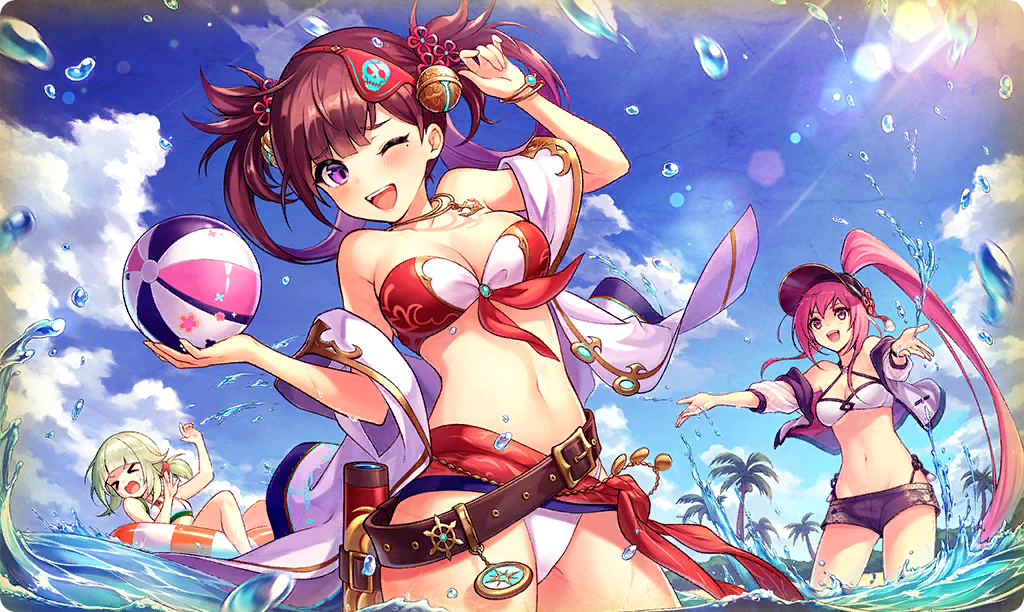 3girls, ;d, ball, bandeau_bra, beachball, belt, bikini, blue_sky, brown_belt, brown_hair, cloud, commentary_request, eyepatch, eyepatch_lift, hair_ornament, high_ponytail, innertube, jewelry, long_hair, mole, mole_under_eye, multicolored_bikini, multiple_girls, necklace, ocean, official_alternate_costume, official_art, on_innertube, one_eye_closed, open_mouth, palm_tree, pink_hair, ponytail, purple_eyes, red_bikini, shenmei_(ta_ga_tame_no_alchemist), shorts, sky, smile, su_yi_(ta_ga_tame_no_alchemist), swim_ring, swimsuit, ta_ga_tame_no_alchemist, teeth, third-party_source, tree, twintails, two-tone_bikini, two-tone_innertube, upper_teeth_only, visor_cap, white_bikini