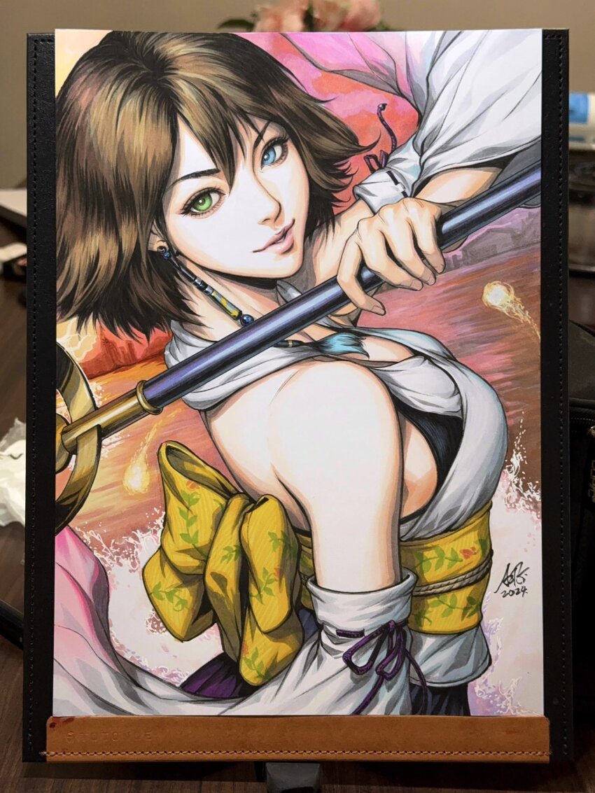 1girl, black_bra, blue_eyes, bra, bra_peek, breasts, brown_hair, cleavage