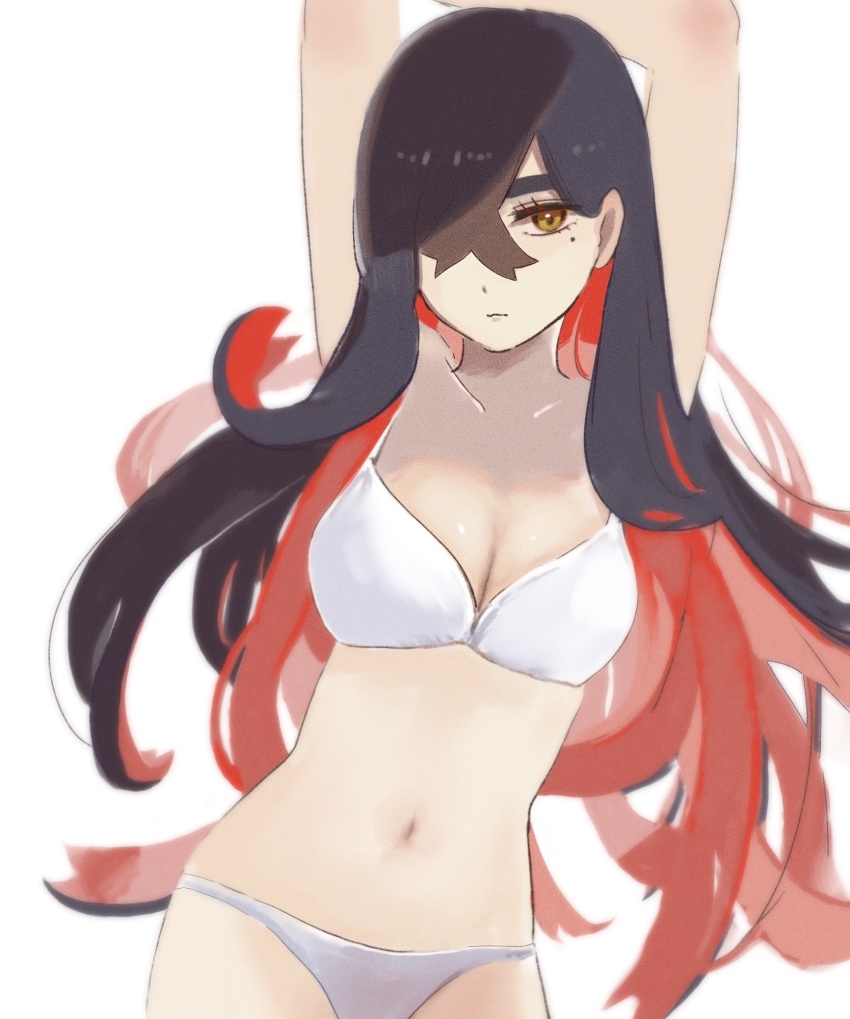 1girl, alternate_costume, arms_up, bikini, black_hair, breasts, carmine_(pokemon), cleavage