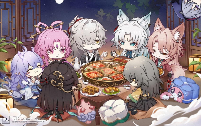 2boys, 5girls, :3, ahoge, animal_ear_fluff, animal_ears, architecture, artist_logo