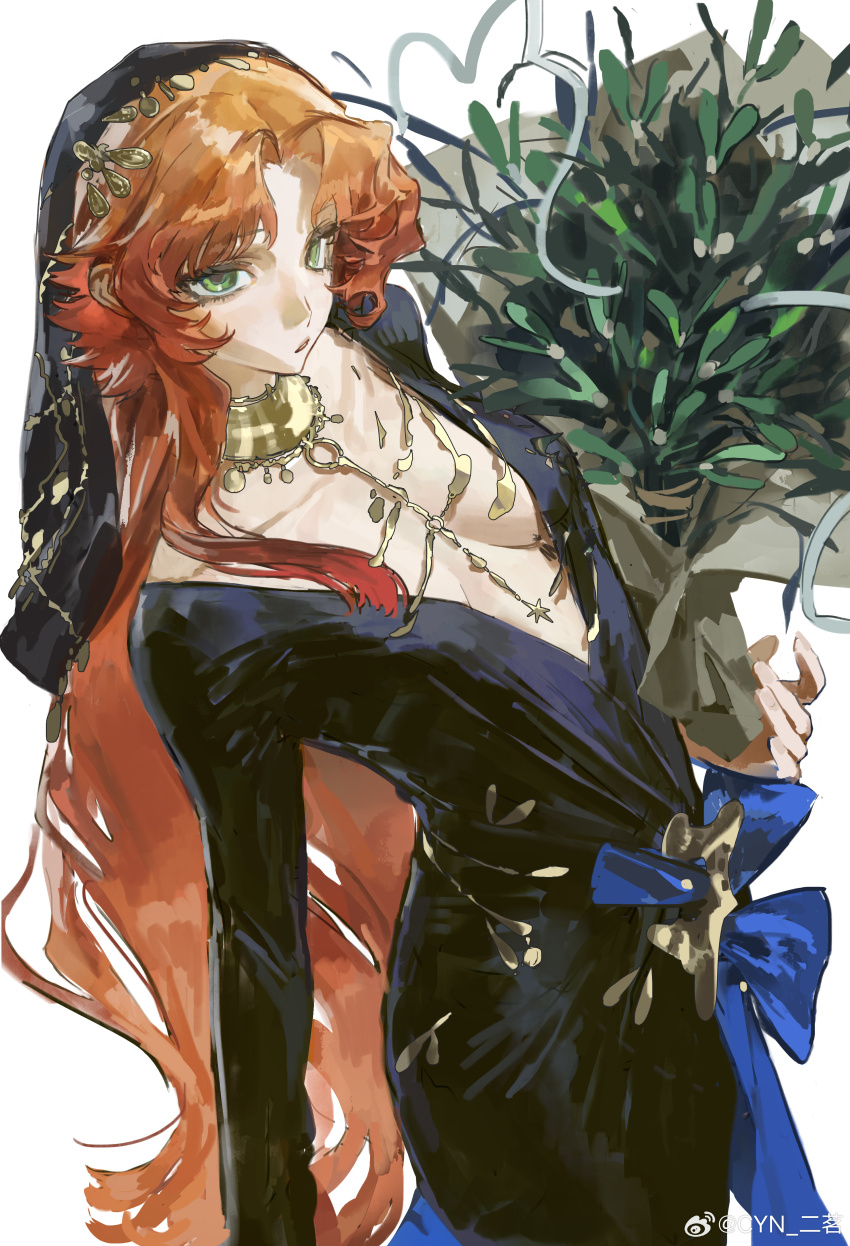 1girl, absurdres, alternate_costume, black_dress, black_veil, bouquet, breasts, cowboy_shot