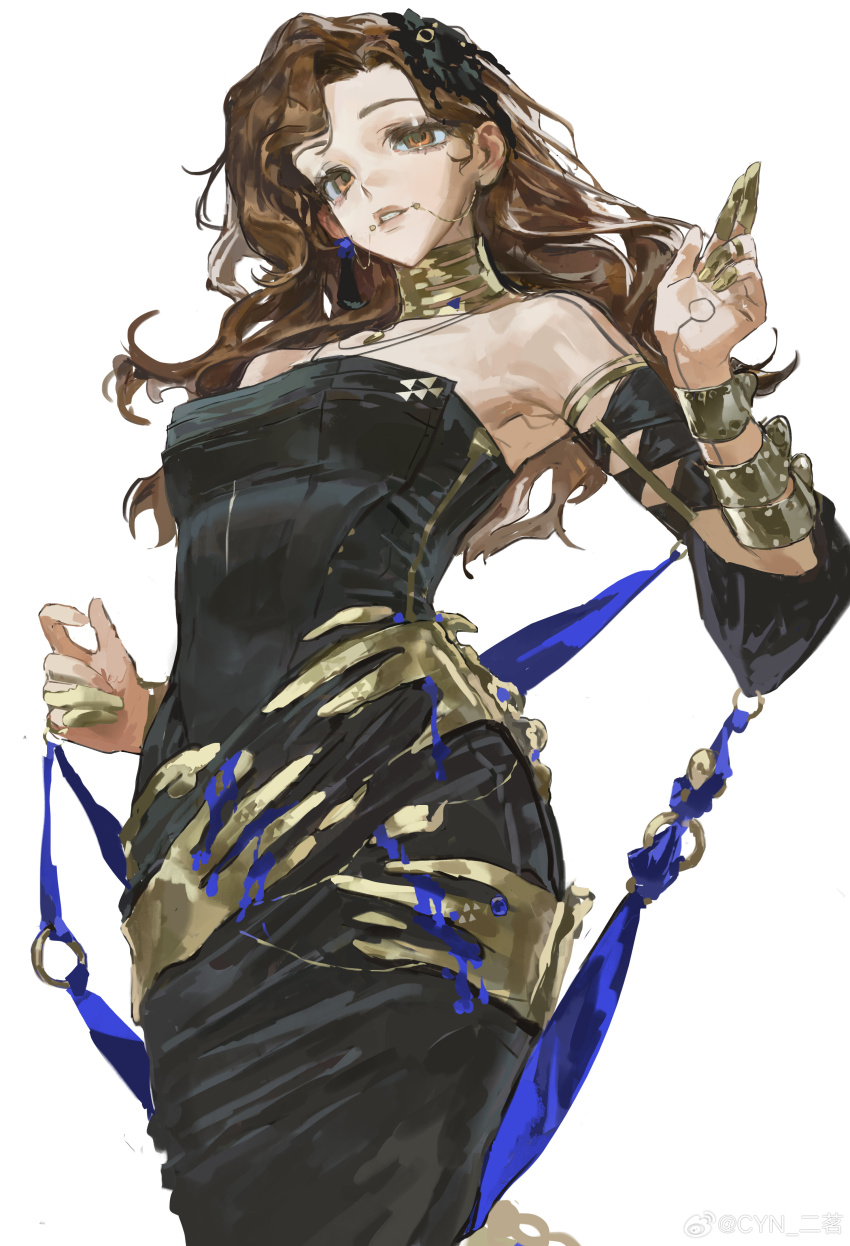 1girl, absurdres, alternate_costume, armlet, armpits, bare_shoulders, black_dress, breasts