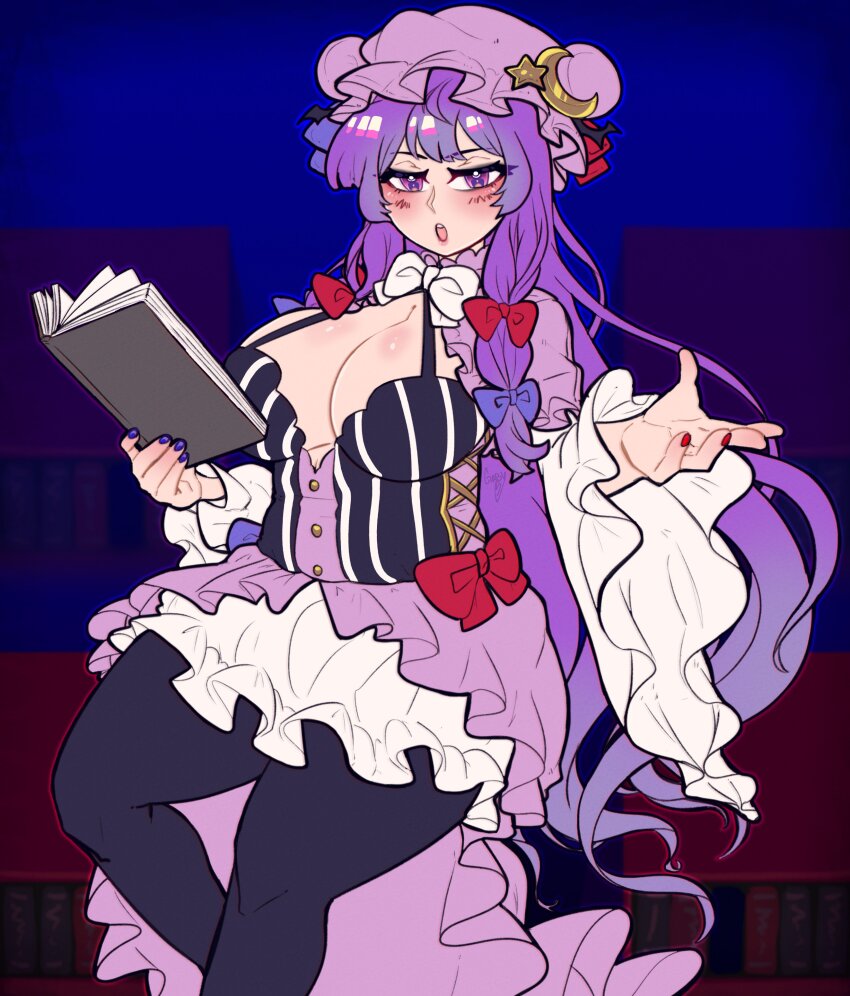 1girl, absurdres, black_dress, black_pantyhose, book, bow, bowtie, breasts