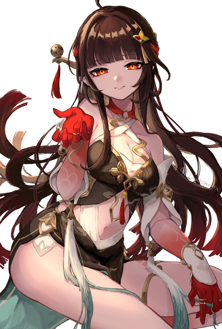 1girl, absurdres, bare_shoulders, blunt_bangs, breasts, brown_dress, brown_hair, cleavage