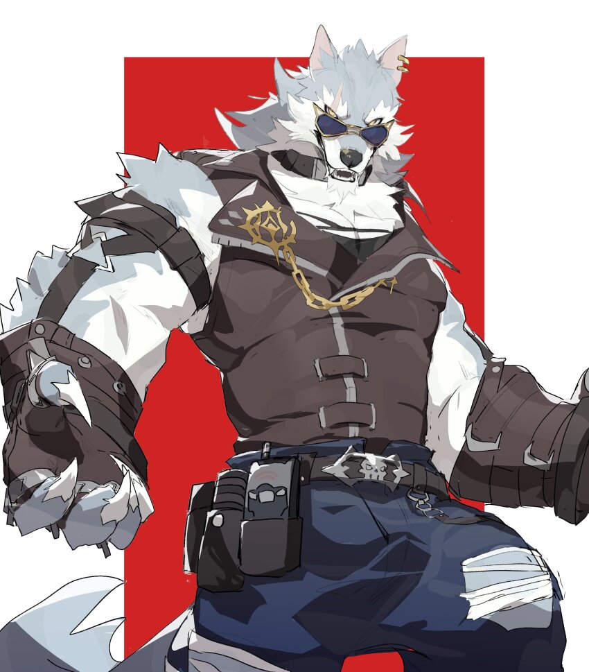 1boy, absurdres, animal_ears, bara, belt, black_belt, blue_pants, chain