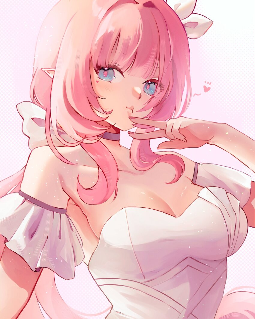 1girl, bare_shoulders, blue_eyes, breasts, cleavage, collarbone, dress, elf