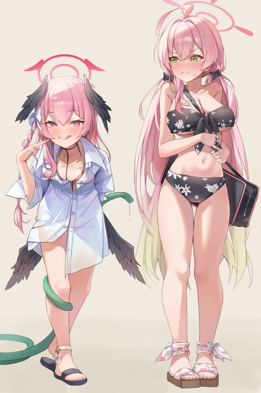 2girls, :d, absurdres, ahoge, bag, bikini, black_bag, black_bikini
