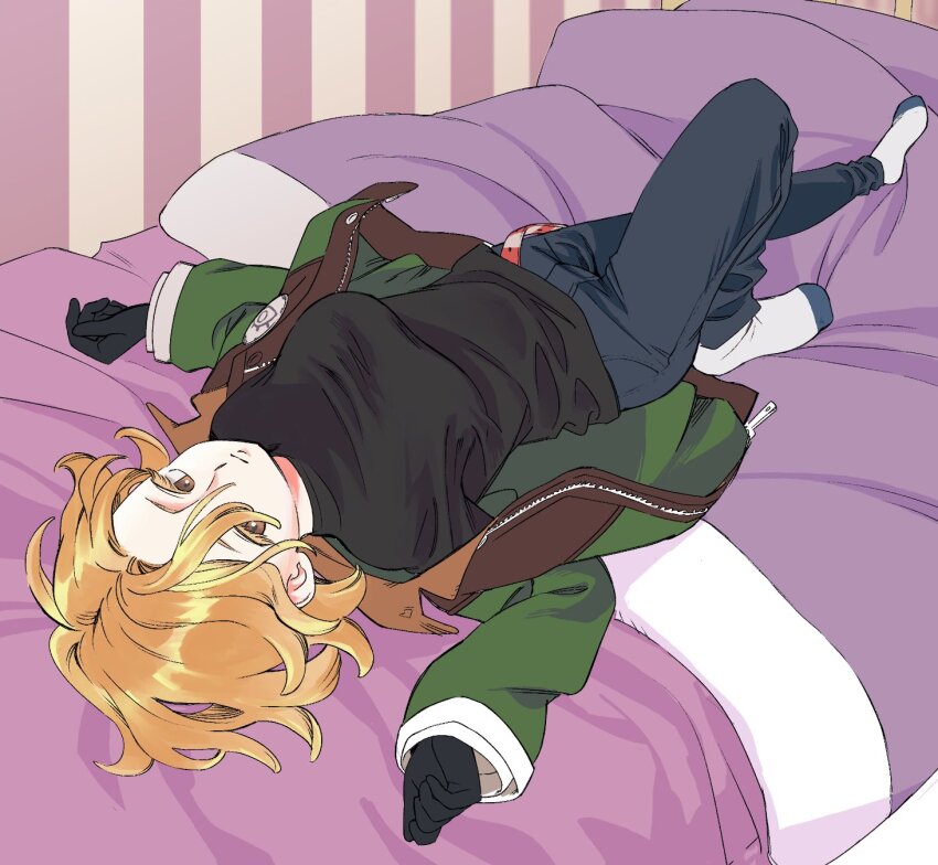 1girl, asymmetrical_bangs, belt, black_gloves, black_shirt, blonde_hair, blue_pants, breasts