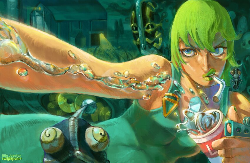1girl, artist_name, bare_shoulders, ben-day_dots, blue_eyes, commentary, drinking_straw, english_commentary, foo_fighters_(jojo), foo_fighters_(stand), green_hair, green_lips, green_nails, green_overalls, highres, hijo_joestar, jojo_no_kimyou_na_bouken, overalls, screentones, short_hair, stand_(jojo), stone_ocean, twitter_username, water, water_drop