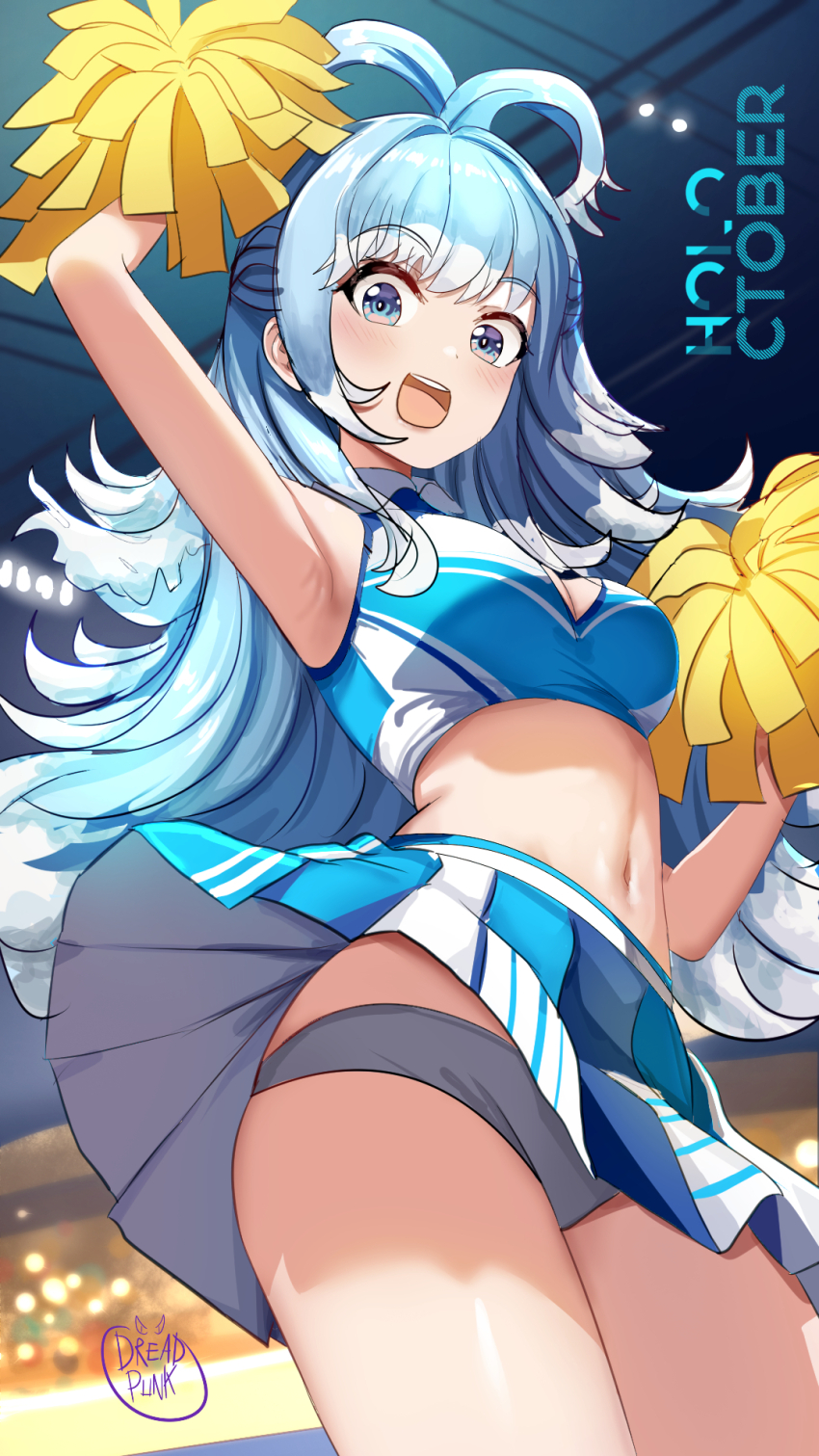 1girl, arm_up, blue_eyes, blue_hair, blush, breasts, cheering, cheerleader