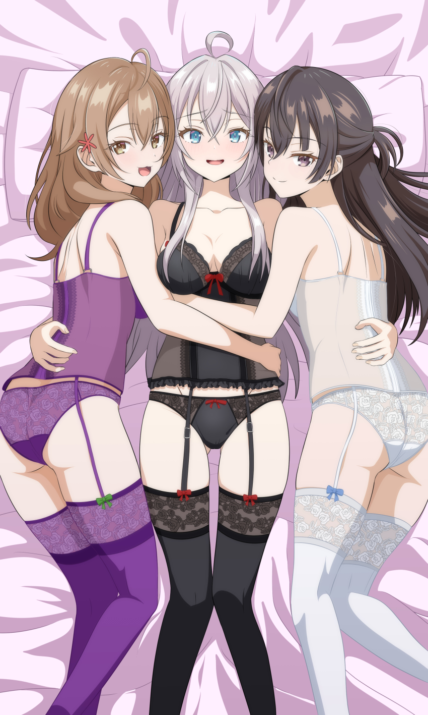 3girls, :3, absurdres, ahoge, alisa_mikhailovna_kujou, ass, black_camisole, black_thighhighs, blush, breasts, brown_eyes, brown_hair, camisole, closed_mouth, commission, eyebrows_hidden_by_hair, feet_out_of_frame, garter_belt, gluteal_fold, groin, hair_between_eyes, hand_on_another's_hip, highres, hug, lingerie, long_hair, looking_at_viewer, lying, mariya_mikhailovna_kujou, medium_breasts, multiple_girls, on_back, on_bed, open_mouth, pixiv_commission, purple_camisole, purple_eyes, purple_thighhighs, siblings, sisters, smile, suou_yuki, takuru, thighhighs, tokidoki_bosotto_roshia-go_de_dereru_tonari_no_alya-san, underwear, underwear_only, white_camisole, white_hair, white_thighhighs