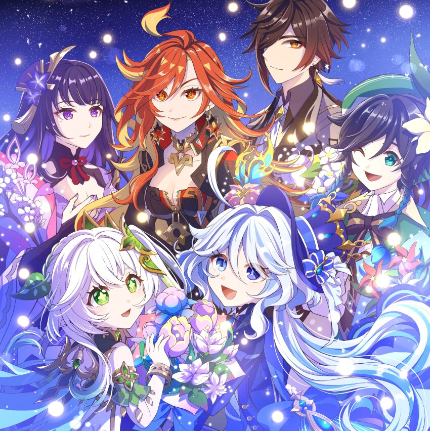 2boys, 4girls, :d, ;d, absurdres, ahoge, ankoro, aqua_eyes