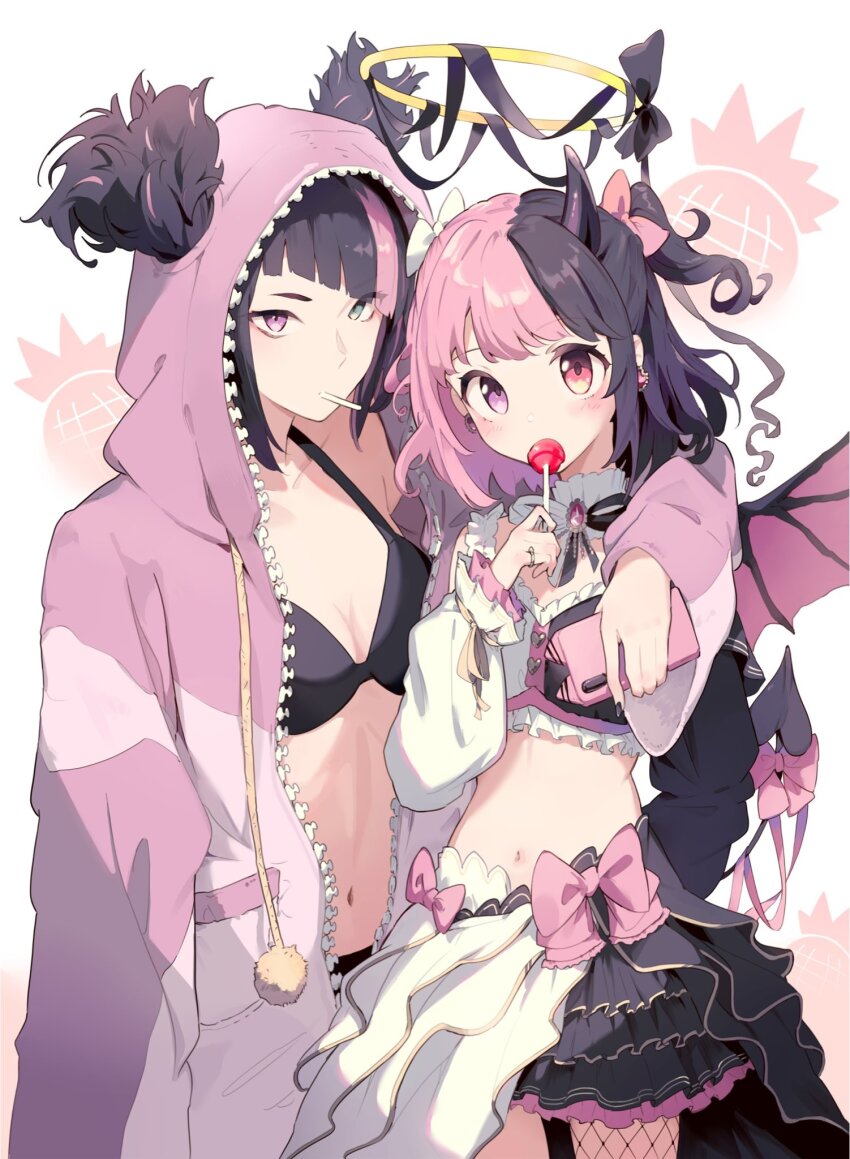 2girls, amaki_pururu, arm_around_neck, black_bow, black_bra, black_hair, black_nails, black_shirt