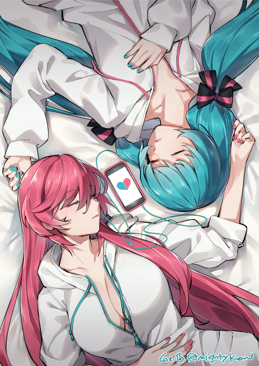 2girls, aqua_hair, aqua_nails, artist_name, bed_sheet, breasts, cellphone, cleavage, closed_eyes, collarbone, earbuds, earphones, eyelashes, ge-b, hair_ribbon, hatsune_miku, highres, hood, hoodie, interviewer_(vocaloid), large_breasts, long_hair, low_twintails, lying, megurine_luka, multiple_girls, on_back, on_bed, partially_unzipped, phone, pink_hair, pink_nails, ribbon, signature, sleeping, smartphone, twintails, twitter_username, upper_body, upside-down, very_long_hair, vocaloid, white_hoodie, yuri