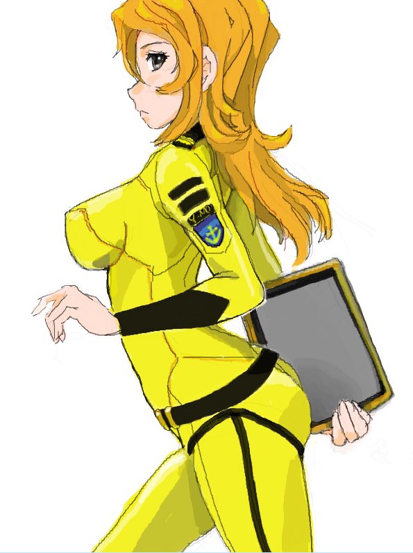 1girl, ass, belt, bodysuit, breasts, brown_eyes, brown_hair, from_side