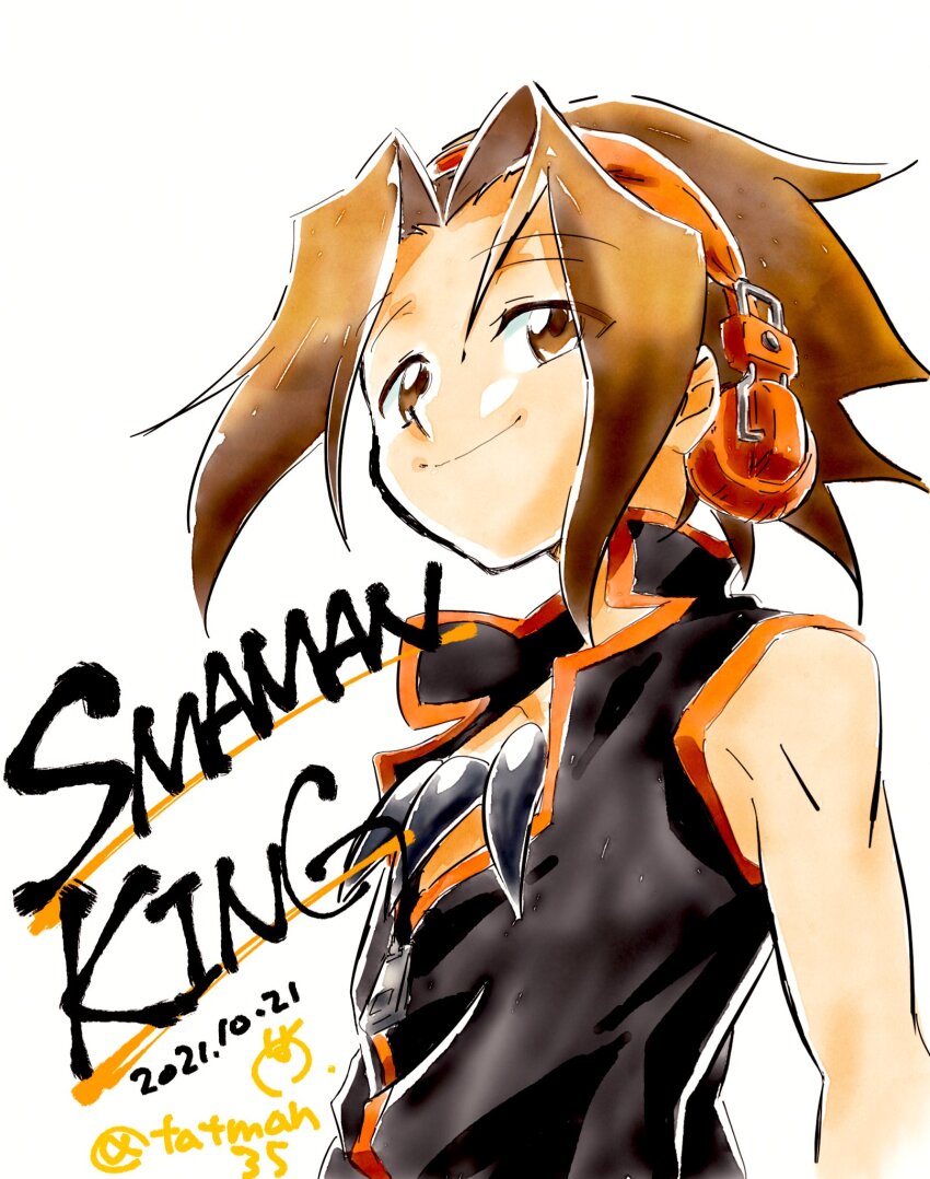 1boy, asakura_yoh, brown_eyes, brown_hair, closed_mouth, commentary_request, copyright_name, dated