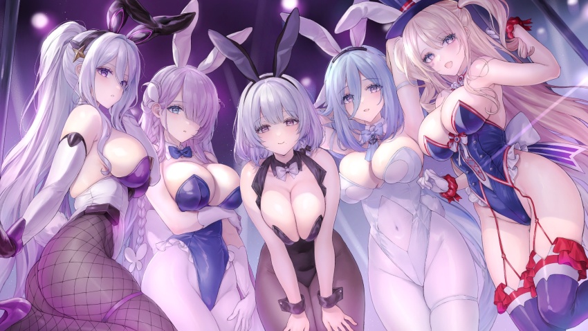 5girls, animal_ears, armpit_crease, armpits, arms_up, azur_lane, bare_shoulders, black_leotard, black_pantyhose, blonde_hair, blue_hair, blue_leotard, braid, breasts, breasts_squeezed_together, butterfly_hair_ornament, cleavage, constellation_(azur_lane), constellation_(galaxy's_finest)_(azur_lane), covered_navel, detached_collar, fake_animal_ears, fishnet_pantyhose, fishnets, gloves, groin, guam_(azur_lane), guam_(stage-setting_charmer)_(azur_lane), hair_ornament, hair_over_one_eye, high_heels, high_ponytail, highleg, highleg_leotard, highres, kearsarge_(all_night_charge)_(azur_lane), kearsarge_(azur_lane), large_breasts, leotard, long_bangs, louisville_(an_order_of_dreams)_(azur_lane), louisville_(azur_lane), mole, mole_under_mouth, multiple_girls, official_alternate_costume, pantyhose, pink_hair, playboy_bunny, ponytail, purple_footwear, rabbit_ears, san_jacinto_(azur_lane), san_jacinto_(flavor_of_the_day)_(azur_lane), sideboob, thigh_strap, two_side_up, white_gloves, white_hair, white_leotard, white_pantyhose, wrist_cuffs, ygcn