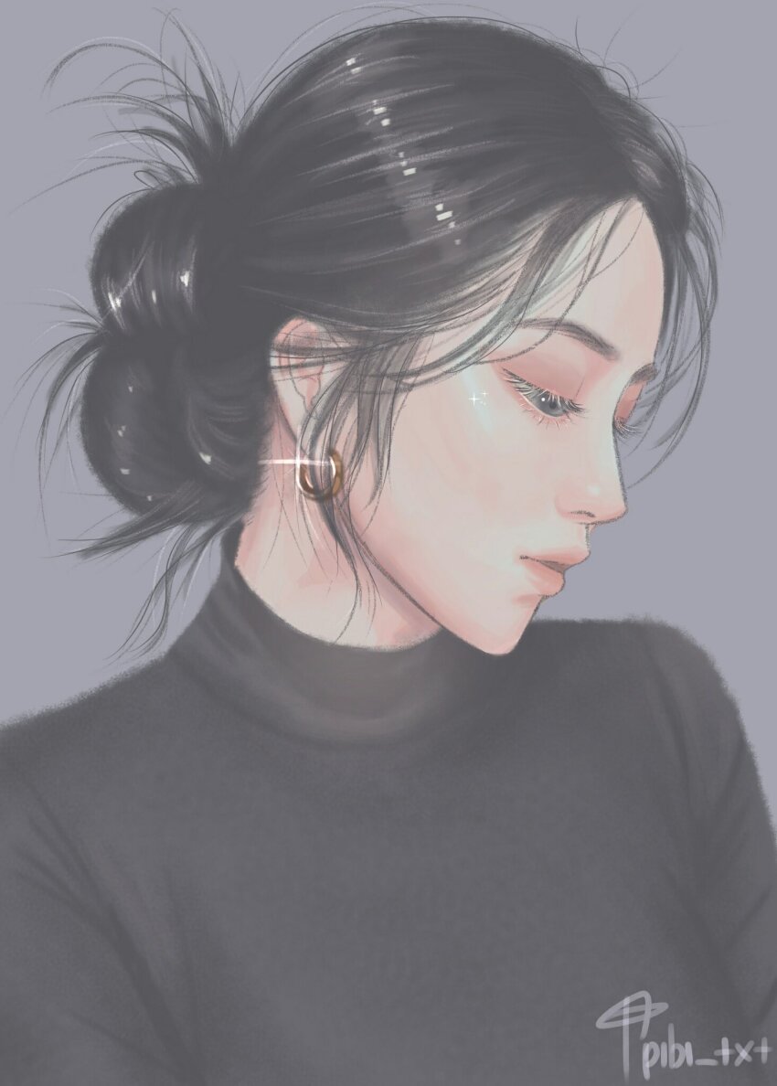 1girl, black_hair, black_shirt, closed_mouth, commentary_request, earrings, eyeshadow, gfriend