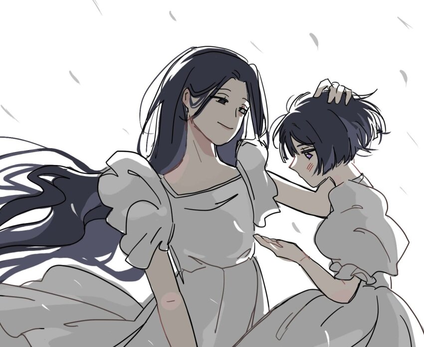 2girls, aged_down, alien_stage, black_eyes, black_hair, closed_mouth, commentary, ddangdangdangg